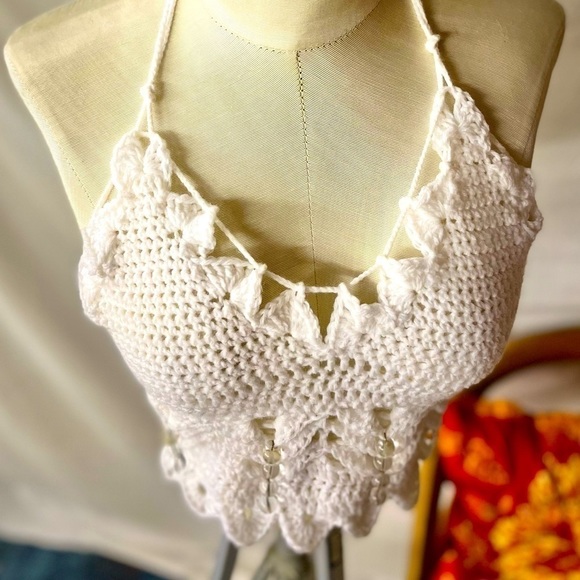 WHITE FESTIVAL OR SWIM TOP WITH CRYSTAL EMBELLISHMENTS - Picture 4 of 9